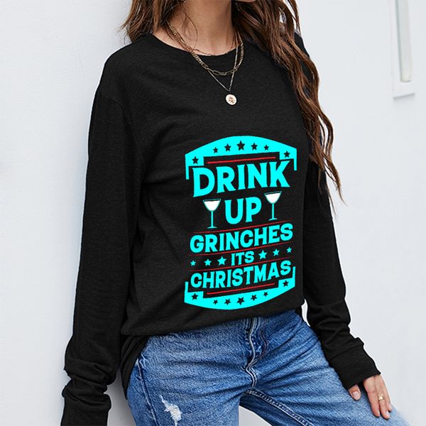 

autumn women clothing t-shirt female christmas snowman pattern english letters printing long sleeve o-neck tees winter casual sport loose s, White