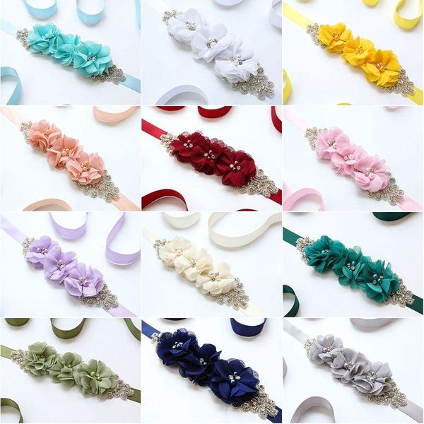

wedding sashes womens elegant three flower sash rhinestone beaded waistband bridal ribbon cummerbunds dress waist belt 12 colors, White