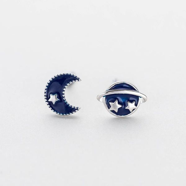 

stud 925 sterling silver jewelry with blue universe starry sky moon earrings temperament personality cute asymmetric women, Golden;silver