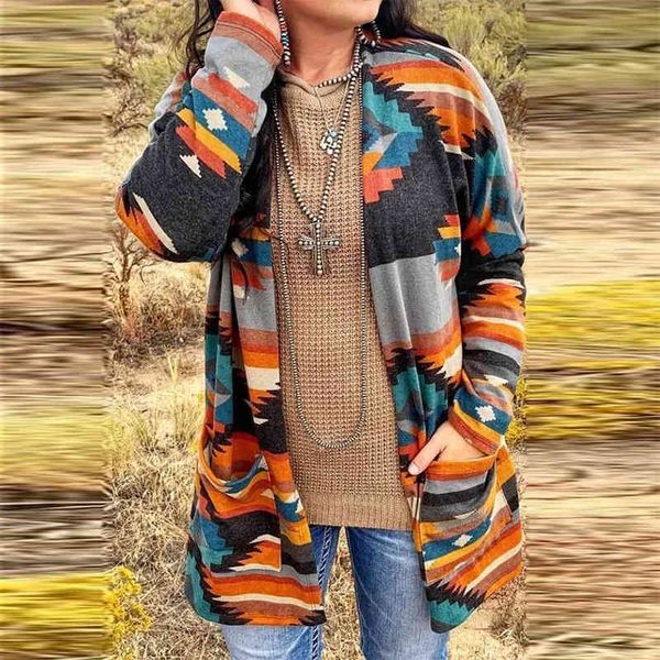 

2021 european american autumn and winter new women's long-sleeved printed casual cardigan jacket shawl, Tan;black