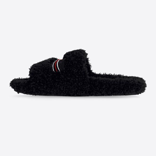 

men letter embroidery slipper colorful strip fashion designer lady furry rubber sole slide sandal, Black