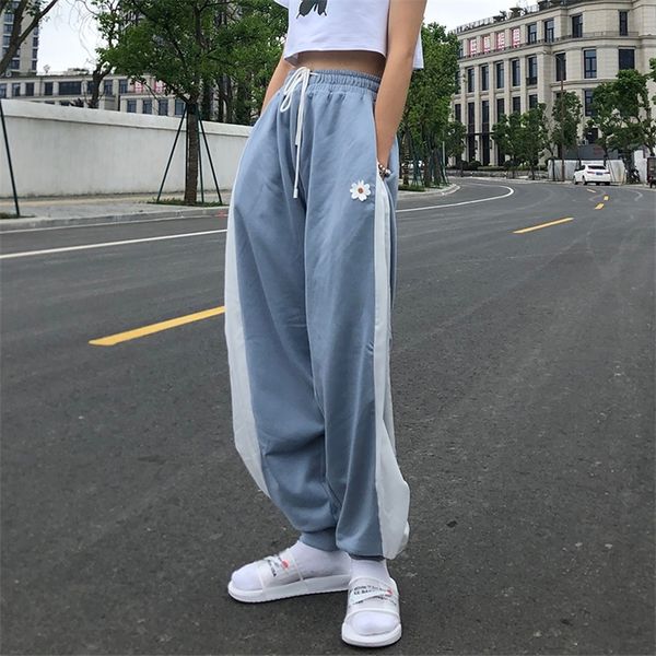 Pantaloni da jogging larghi a contrasto bianco blu pantaloni a vita alta con coulisse casual femminile coreano streetwear 220211