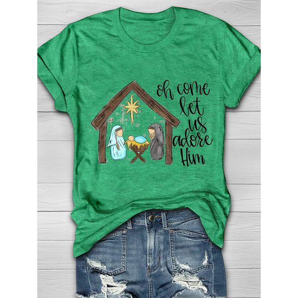 

ladies t-shirt harajuku summer christmas house corner printed pattern street casual round neck short sleeve comfortable, White
