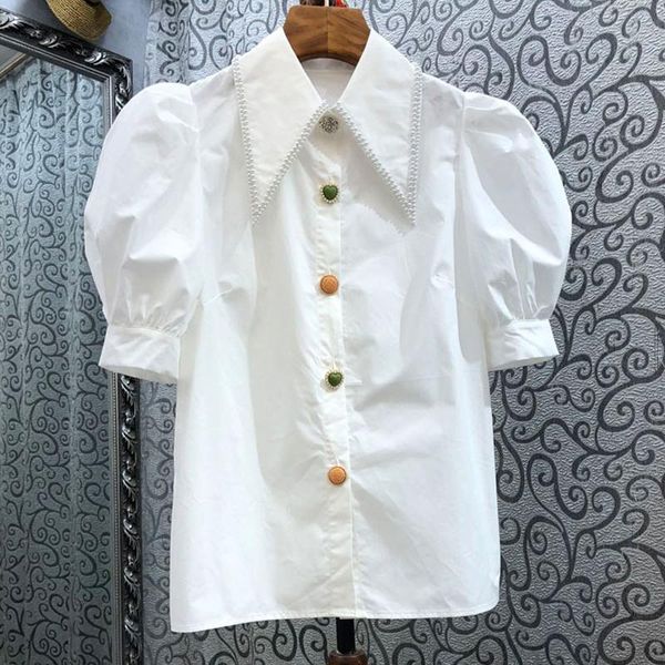 

women's blouses & shirts puff sleeve shirt short-sleeved summer thin beaded 2021 korean style loose design young hong kong, White