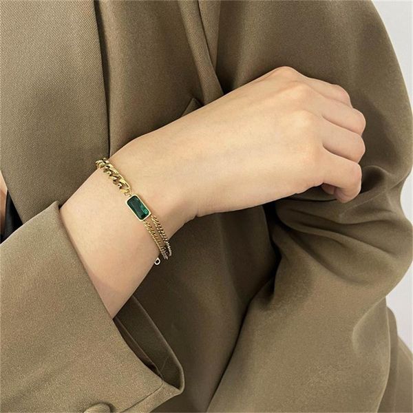 

charm bracelets green crystal stainless steel gold bangle for women hip hop double layers chain18 k plated punk fashion, Golden;silver
