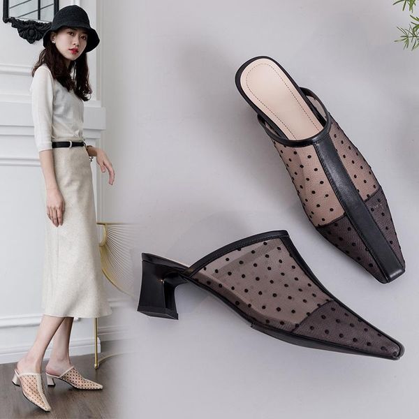 

slippers 2021 primavera y verano nueva moda temperamento salvaje mujer baotou sandalias de malla aire exterior zapatos perezosos, Black