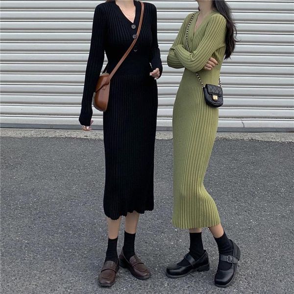 

casual dresses v-neck wrapped knitted dress women autumn solid sheath sweater knee-length bodycon long female, Black;gray