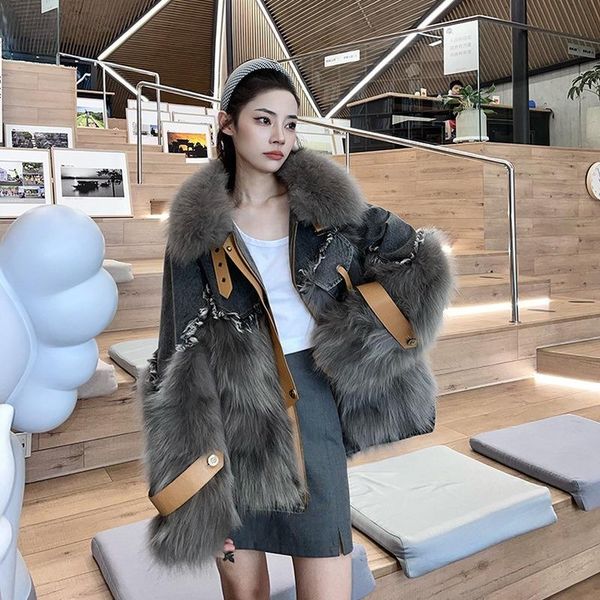 

women's fur & faux european and american denim coat for women 2021 parka mid-length raccoon collar real, Black