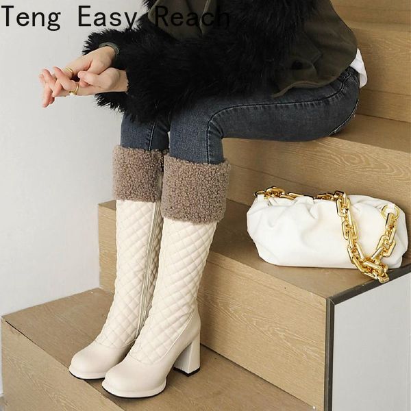 

boots women's high knee platform black white fur snow women winter chunk heeled pu leather casual punk shoes woman 37