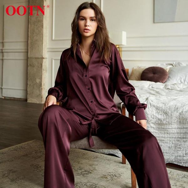 

women's two piece pants ootn loose home wear female 2 set satin long sleeve turn down collar shirts women sets with autumn casual brown, White