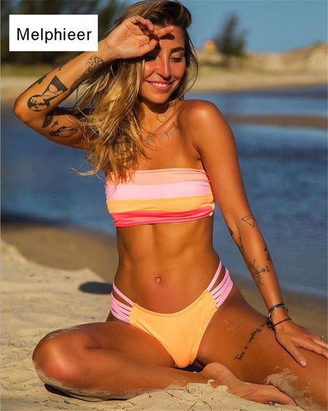 

2021 new girls bikini womens swimsuit bandeau bikinis set plain stitching striped swimwear famale bather beach swim wear xlby