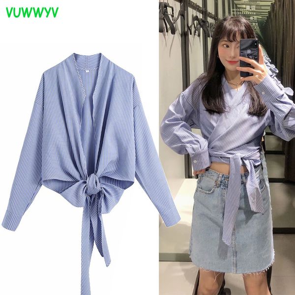 Blu casual a strisce wrap whant camicette estate chic high street knot bow cround top donne manica lunga streetwear tunica 210430