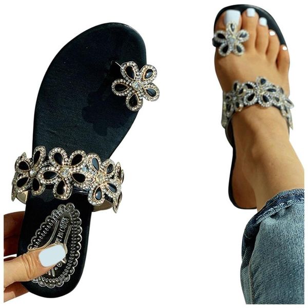 

rhinestone slippers women flowers slides party ladies shoes summer sandals flat flip flops woman beach, Black