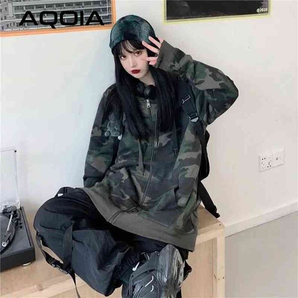 

autumn streetwear camouflage zip up women hoodies loose oversize womens sweatshirt ins fashion winter female coat 210521, Black