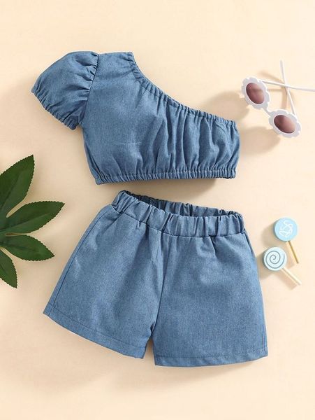

baby one shoulder puff sleeve & shorts she01, White