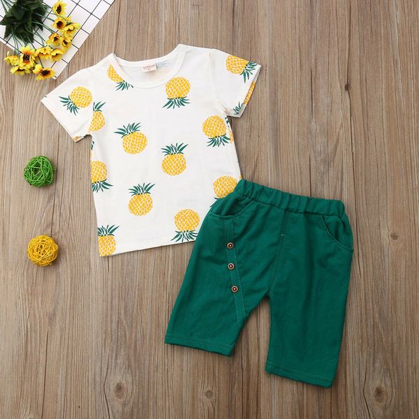 

canis kids toddler baby boys t-shirt+shorts 2pcs fuits printed outfits set, White