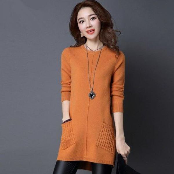 

women's sweaters fall 2021 mid-length slim sweater solid color knitted women cotton soft elastic pullover long sleeve, White;black