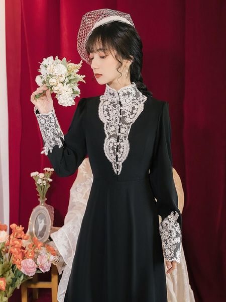 

casual dresses vintage elegant lace patchwork women party dress high waist stand collar black lady holiday gown autumn long floral muslin, Black;gray