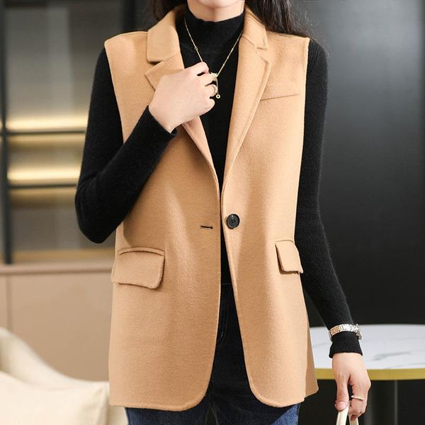 

women's vests 2021 autumn and winter pure wool double-sided woolen vest mid-length suit collar coat slim sleeveless jacket, Black;white