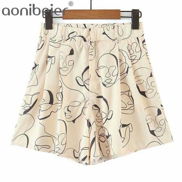 

abstract face print summer casual holiday women shorts fashion high waist folds detail loose female bottoms 210604, White;black