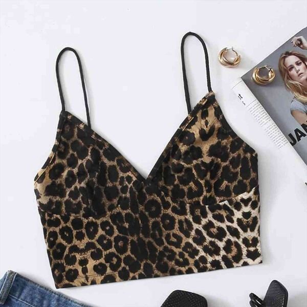 

v neck spaghetti strap womens tanks leopard printed crop sleeveless casual party club streetwear summer, White