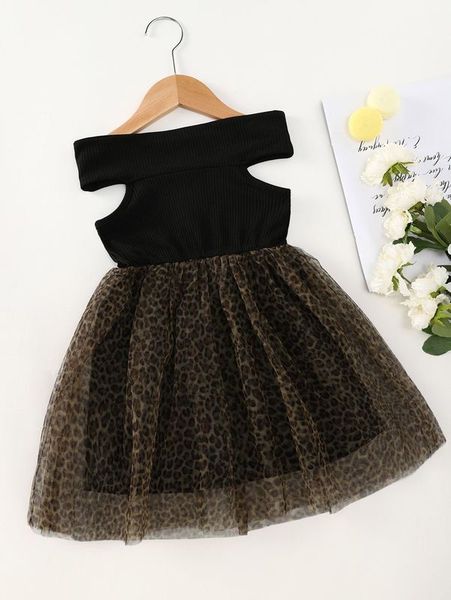 

toddler girls off shoulder leopard mesh hem dress she, Red;yellow