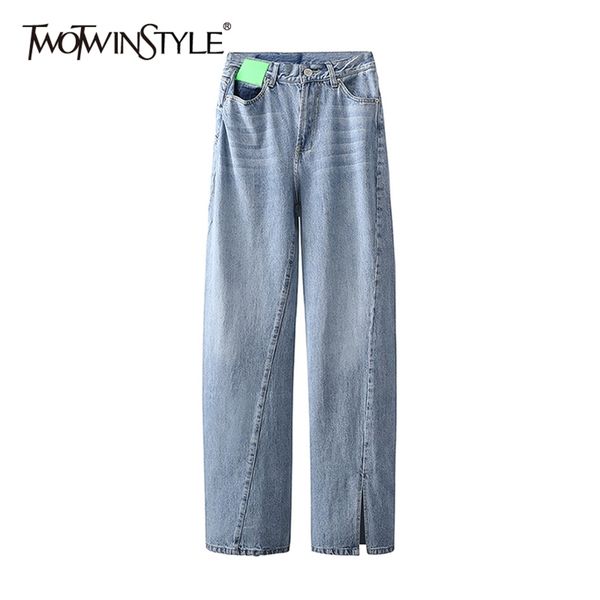 

patchwork casual wide leg pants for women high waist pocket side split loose female summer fashion 210521, Blue