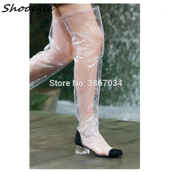 

boots shooegle 2021 spring brand designer for women rain clear crytal heel over the knee round toes sandal botas1, Black