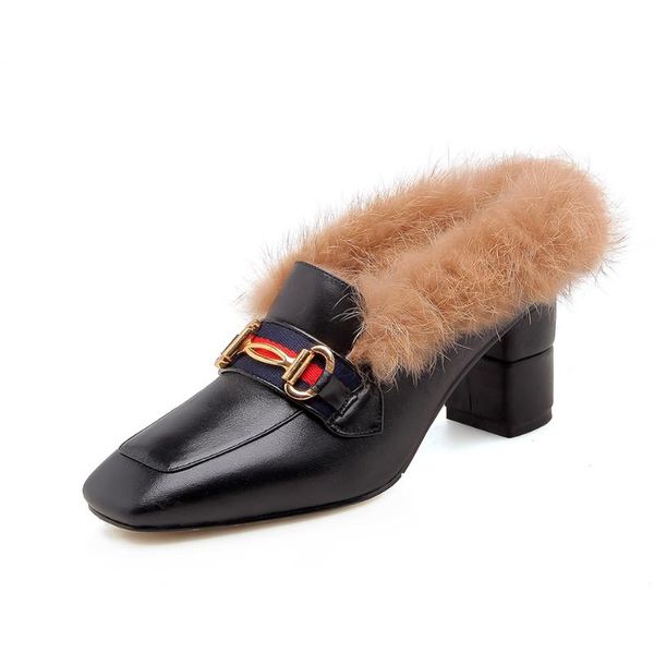 

slippers genuine leather fabric women's thick high heel fluffy plush fall winter warm comfortable casual shoes women, Black