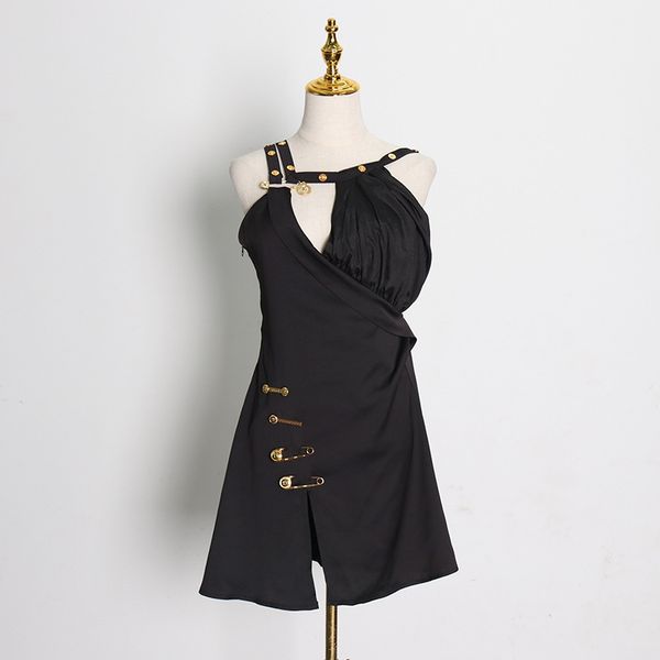 

1115 2021 runway dress spring summer dress brand same style dress empire sleeveless stand collar black panelled sh