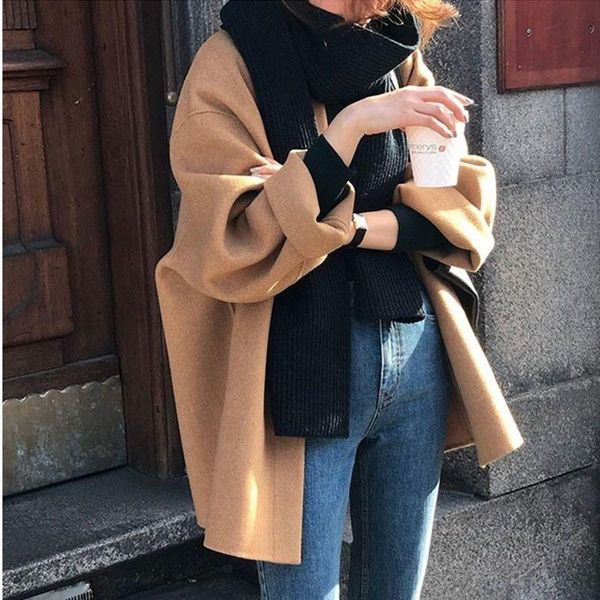 

women's wool & blends 2021 autumn women faux coat long sleeve single breasted fashion turn down colllar female causal loose winter outw, Black