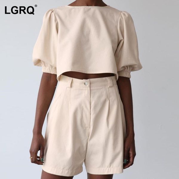 

women's tracksuits [lgrq] wide leg khaki casual shorts two piece suit round neck short sleeve women fashion tide spring summer 2021 19d, Gray