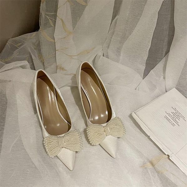 

dress shoes fashion women pumps pointed toe pearl bow slip on thin high heels shallow satin design woman size 35-40, Black