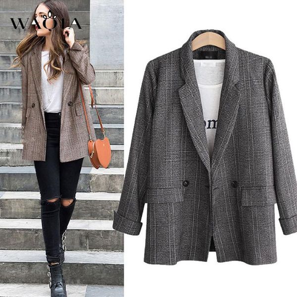 

plus size 5xl women plaid blazer autumn winter 2021 long sleeve double breasted coat jacket office lady casual outerwear women's suits, White;black