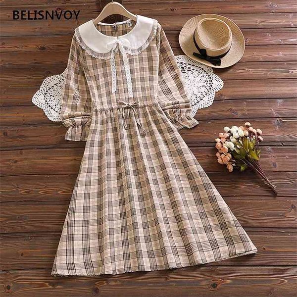 

autumn spring women dress sweet japanese style lace bow peter pan collar plaid elegant jk female vestidos de mujer 210520, Black;gray