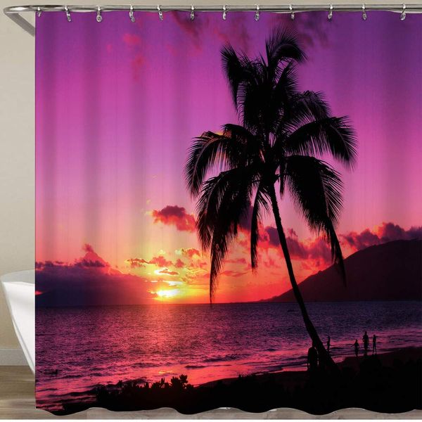

shower curtain set with 12 hooks,purple sunset beach palm tree landscape,decorative bath curtain modern bathroom