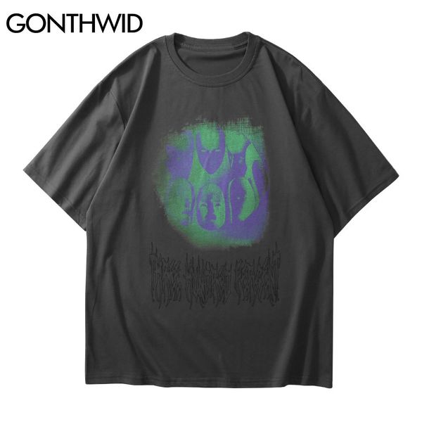

gonthwid hip hop tees shirts streetwear creative masks print short sleeve tshirts harajuku punk rock gothic t-shirts casual c0315, White;black