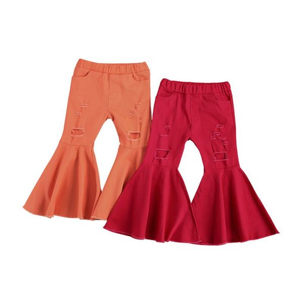 

kids baby girls long pants bell bottoms denim elastic waist flared trousers holes ripped jeans red orange 1-6y, Blue
