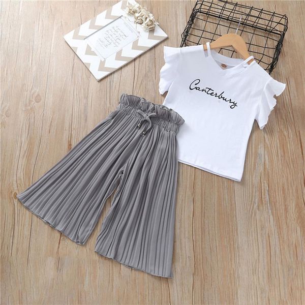 

summer girls clothing sets kids t shirt wide leg pants suits children short sleeve baby girl clothes 5 6 7, White