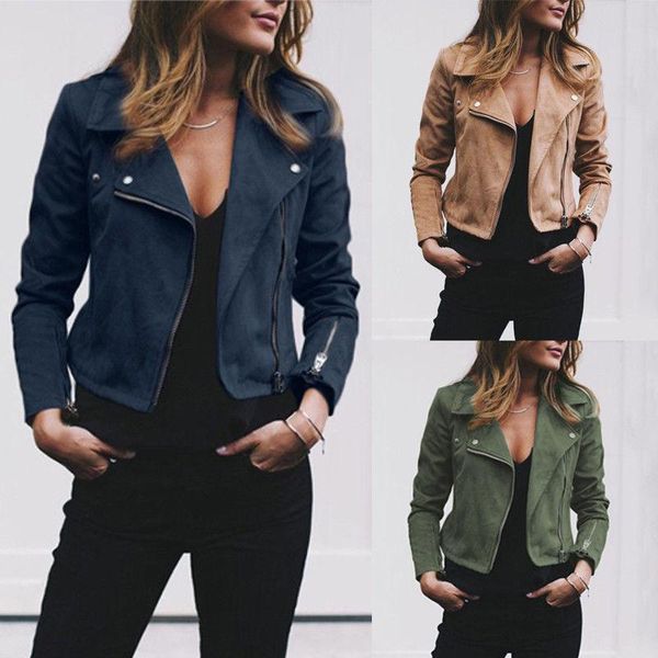 

hirigin women ladies suede short leather jacket flight slim zipper coat zip up biker casual autumn clothes, Black;brown