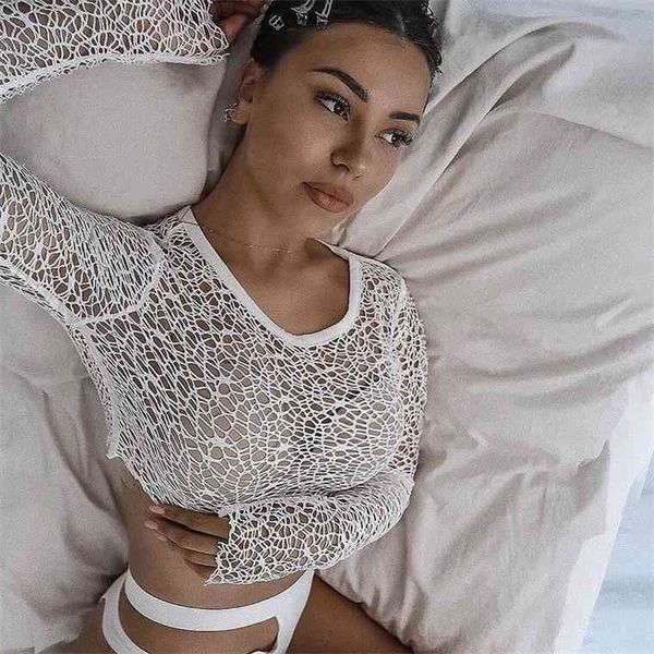 

long sleeve crop women cut out see through crewneck solid color t shirt ladies fashion summer beach party wear s, White