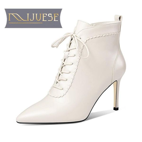 

boots mljuese 2021 women ankle cow leather winter short plush pointed toe zipper high heels female size 39, Black