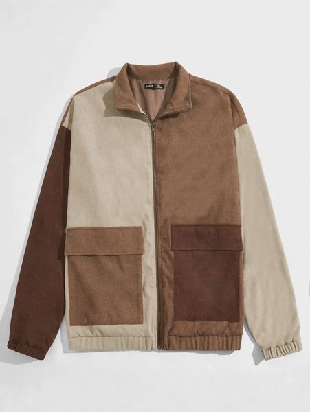 

men colorblock flap pocket corduroy jacket z7bz#, Black;brown