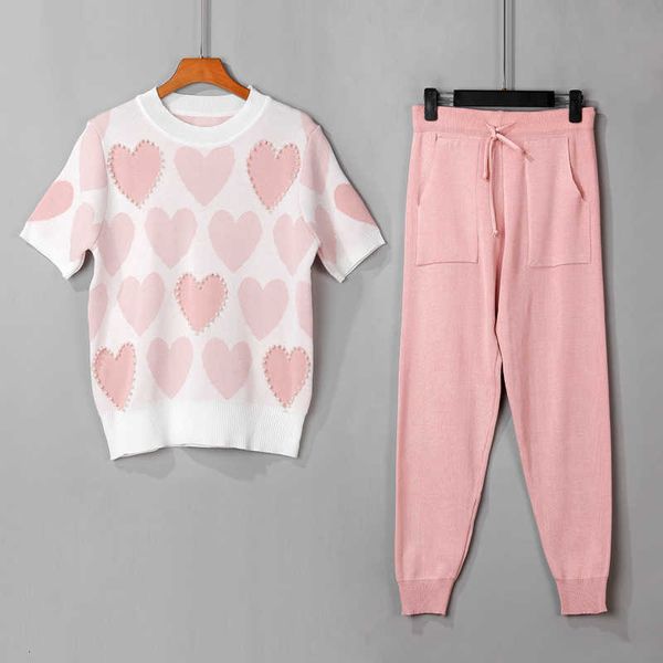 

women's two piece pants summer 2 sets womens knit outfits love heart short sleeve o-neck lace up waist ankle harem set x12z, White