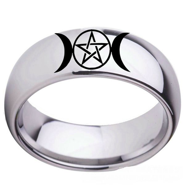 

8mm star&moon religious witchcraft symbol stainless steel silver band sz 6-13