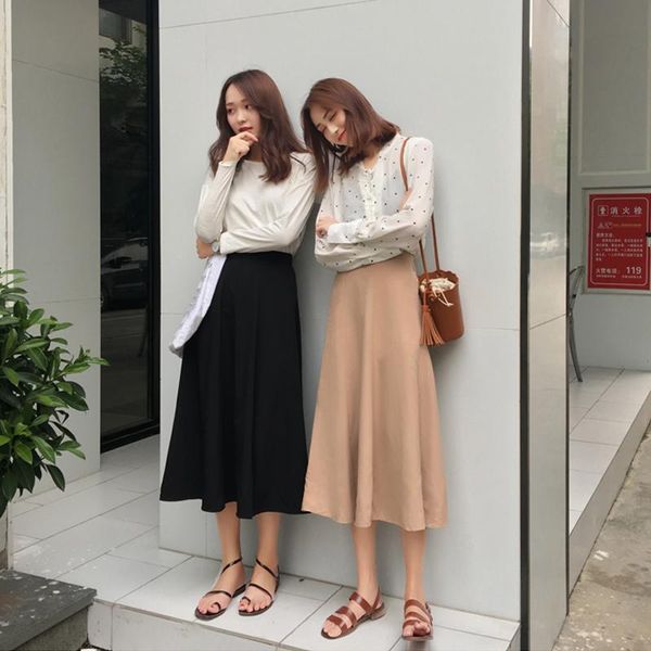 

skirts summer gentle wind big swing women high waist long girlfriends female a-line solid color faldas de mujer, Black