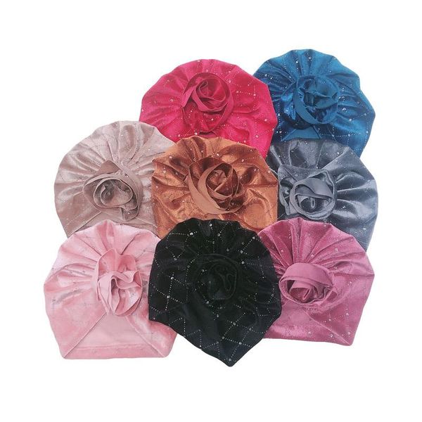 

caps & hats baby girls soft comfortable velvet solid color handmade folded flowers born beanie children headwear birthday gifts, Yellow