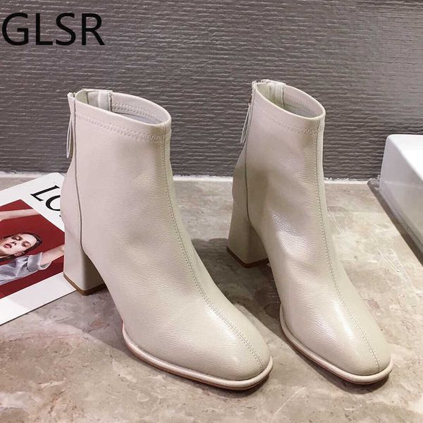 

luxury brand women beige 7cm block high heels ankle boots 2020 winter female square toe chelsea boots short boots y0914, Black