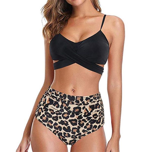 

women's swimwear leopard swimsuit women print bikini 2021 cross bandage bathing suit high waist set biquini push up swimwear#20, White;black