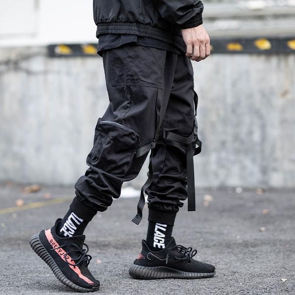 

zhuzunzhe 2021 men elastic waist harem pant streetwear ribbons punk hip hop casual trousers joggers multi-pocket male pants men's, Black